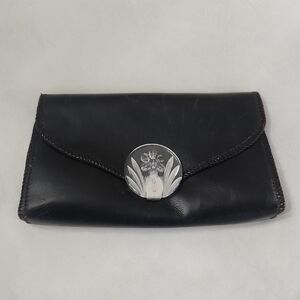 VTG Black Leather Clutch Clear Etched Lucite Closure Hand Stitched with Wallet